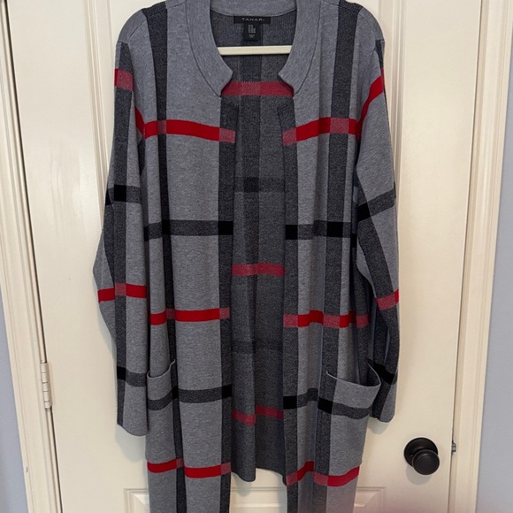 Tahari Gray and Red Plaid Cardigan - Picture 1 of 4